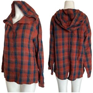 Samansa Mos2 Rust Plaid Cotton Linen Hooded Overshirt Jacket Pockets M-L